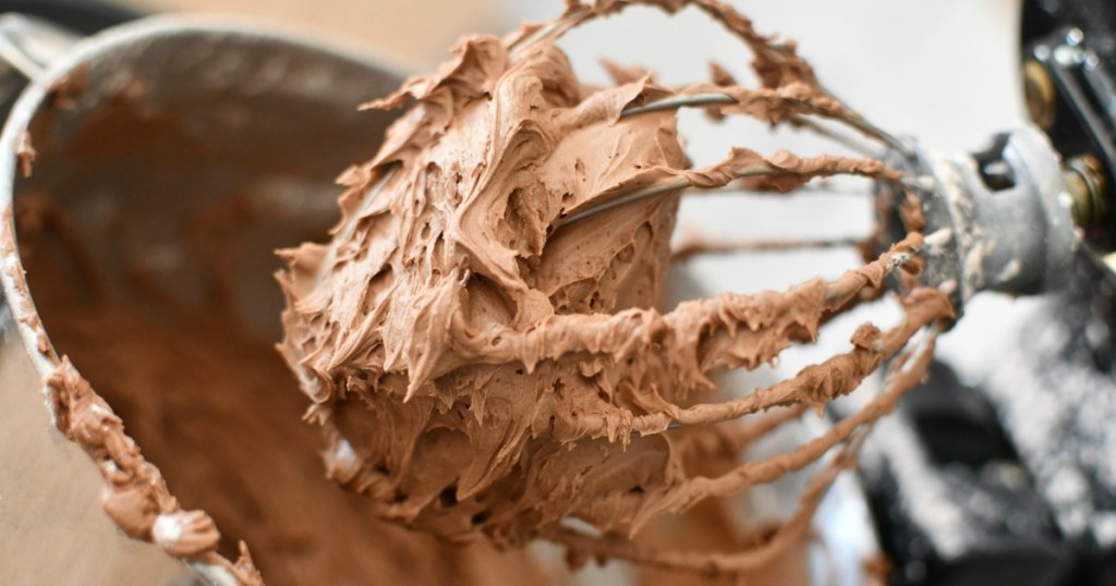 chocolate frosting in a stand mixer