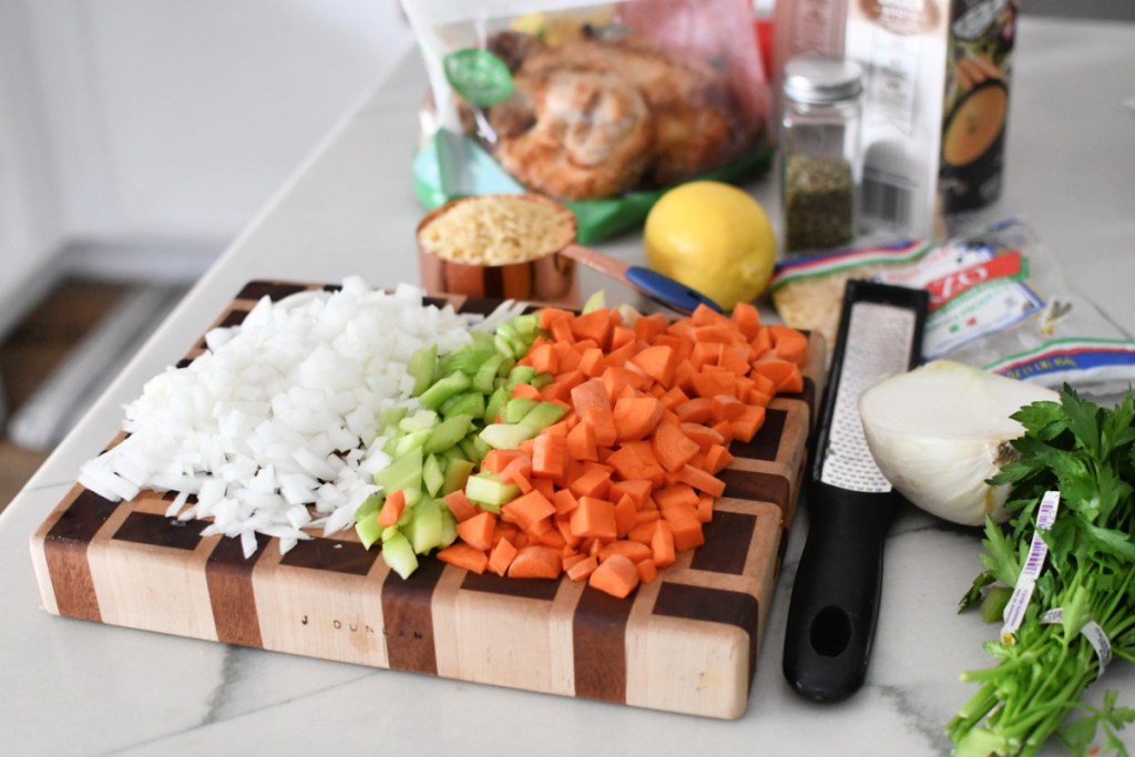 chopped veggies for lemon orzo soup