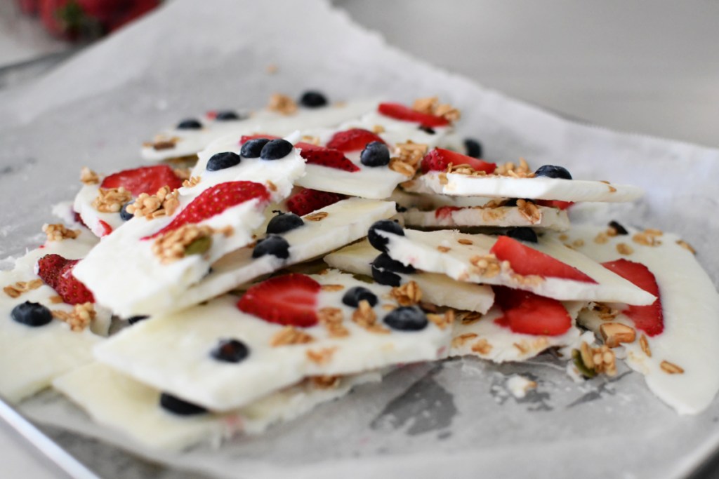 sheet pan with broken frozen yogurt bark