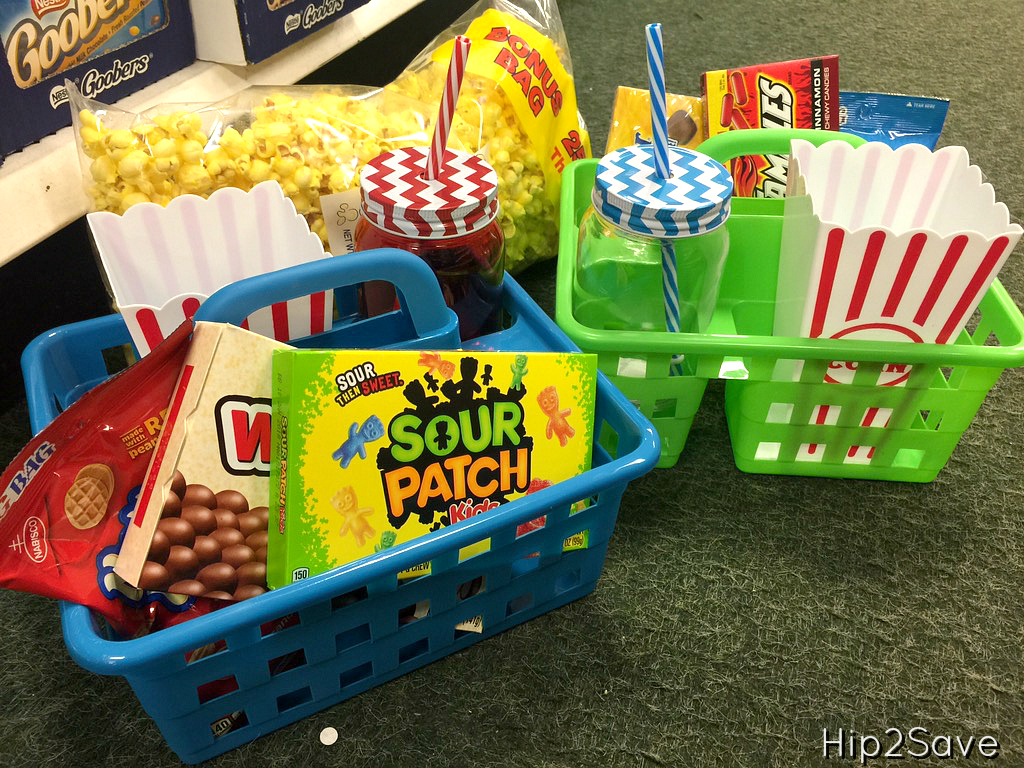 Dollar Tree movie night bins with snacks inside