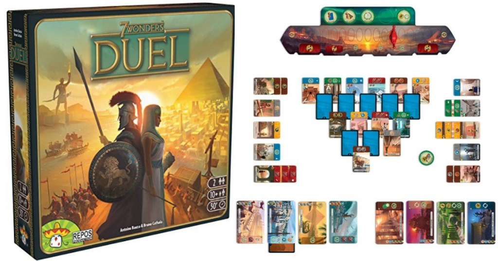 7 wonders duel strategy card game box with cards next to it