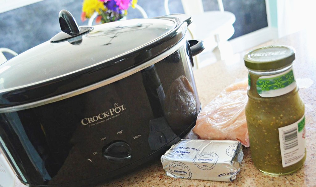 crock pot with ingredients on counter