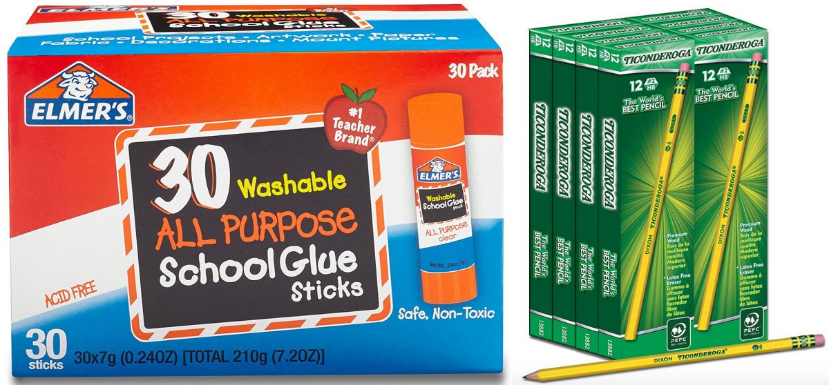 Elmer's glue sticks and Ticonderoga pencils