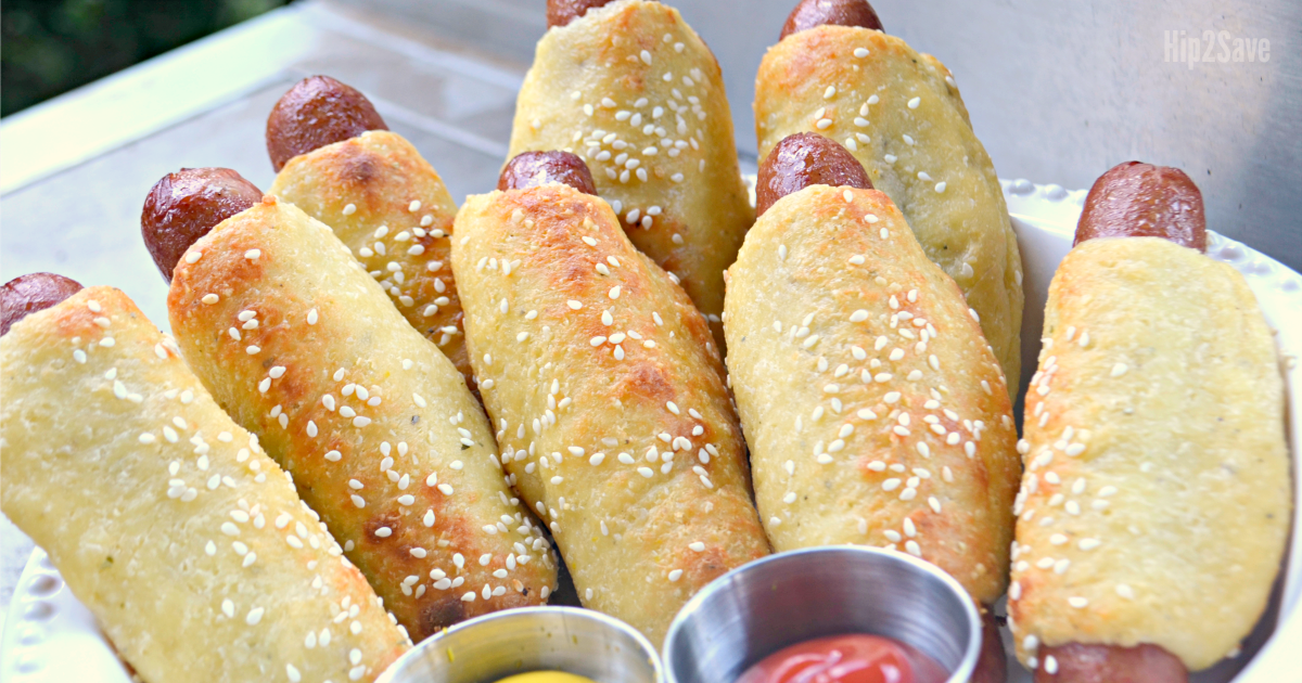 Low Carb Fathead Pigs in a Blanket on a serving tray