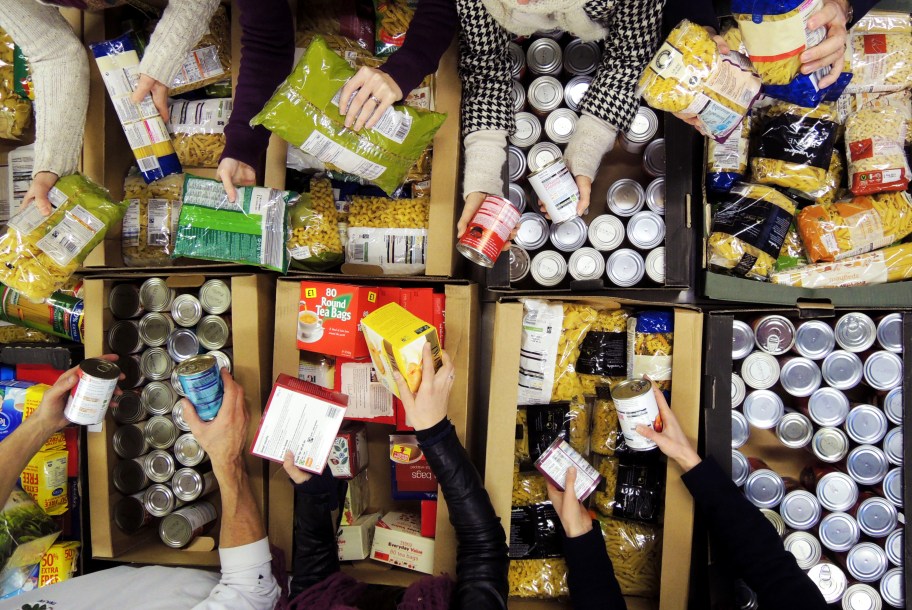 filling boxes at a food bank