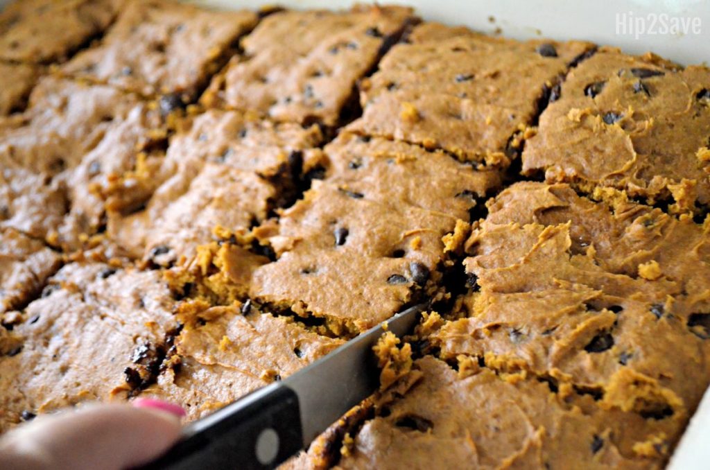 knife cutting pumpkin chocolate chip squares