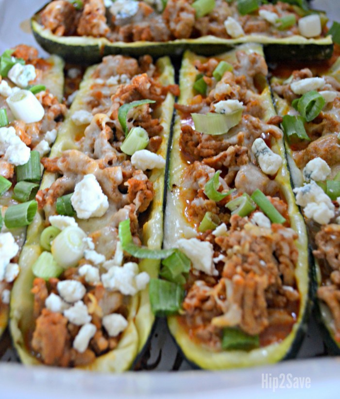 filled zucchini boats with buffalo chicken