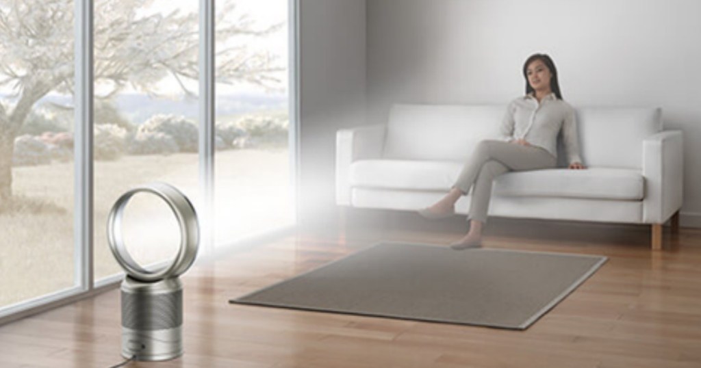 woman on couch in front of Dyson Pure Cool Link Air Purifier and Desk Fan