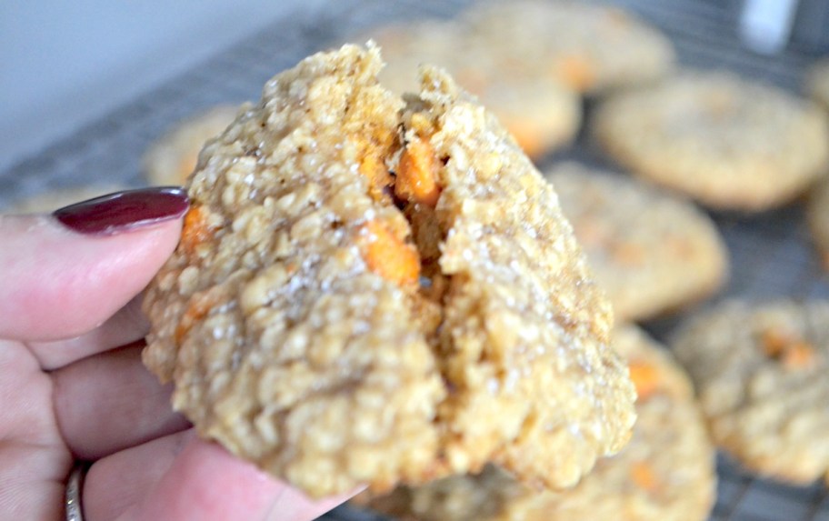 hand holding salted caramel oatmeal cookies