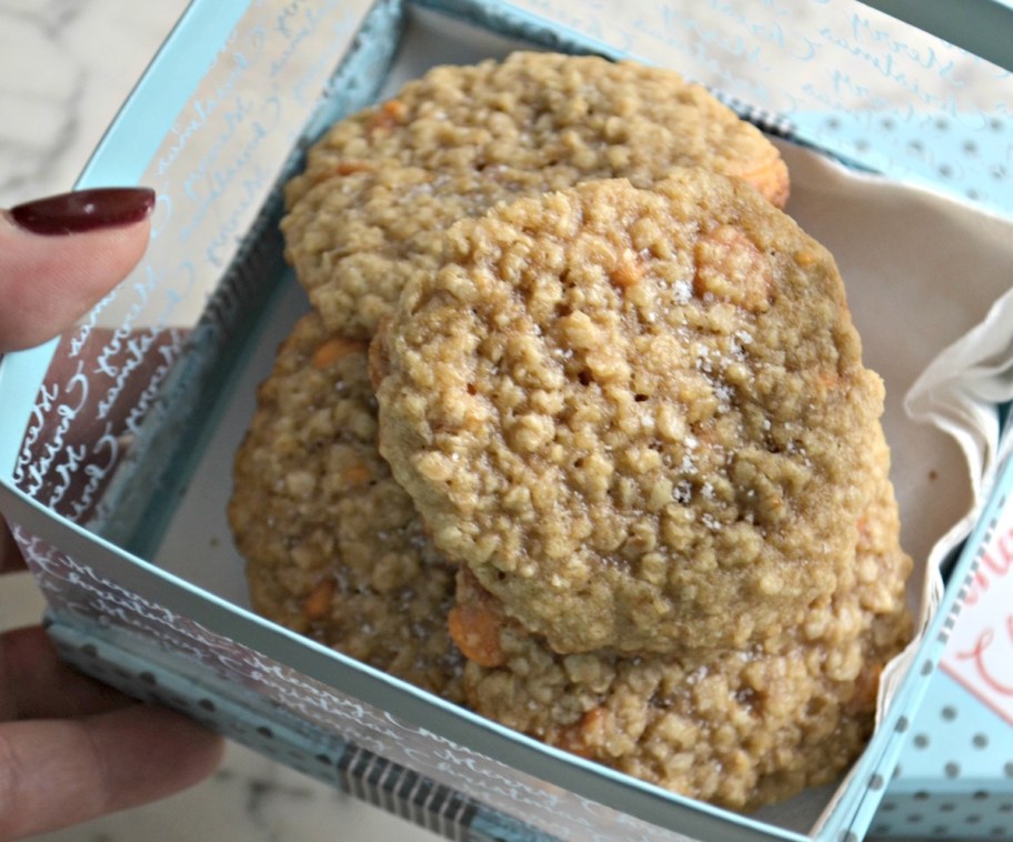 hand holding a box of oatmeal cookies