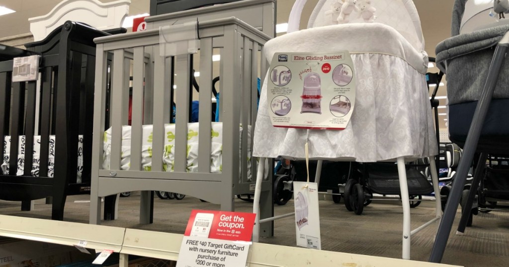 crib and bassinet on shelf 