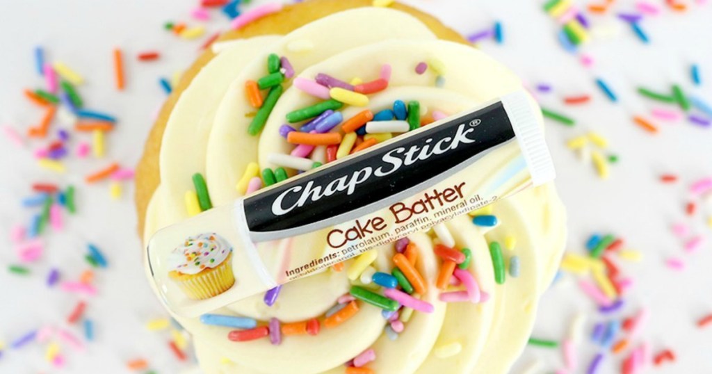 Cake Batter scented Chapstick lip balm on frosted cupcake with sprinkles