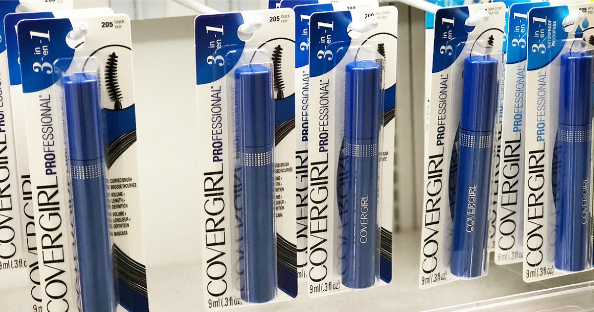 row of CoverGirl mascaras hanging in store