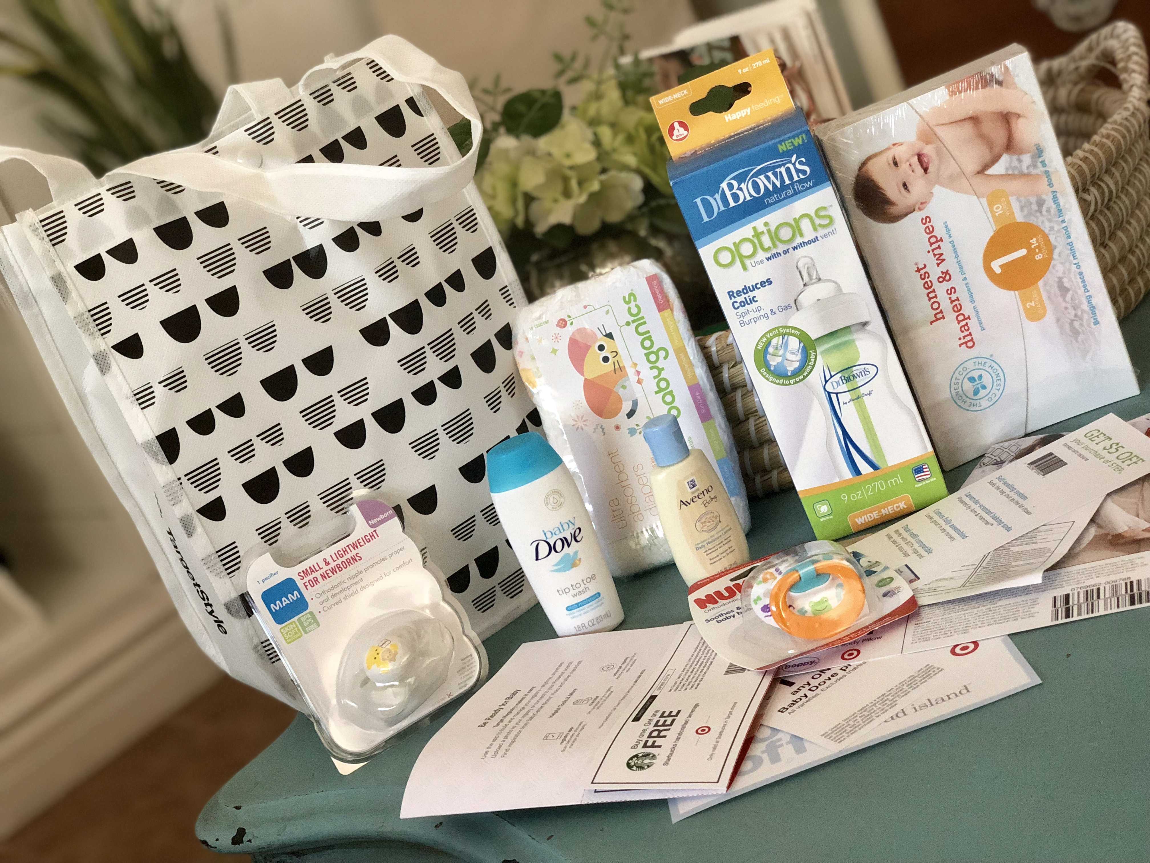 target baby registry bag with free gift coupons and samples - gift bag plus items and coupons