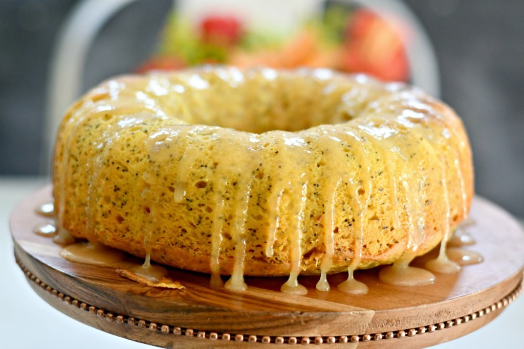 cake stand with poppyseed sherry cake