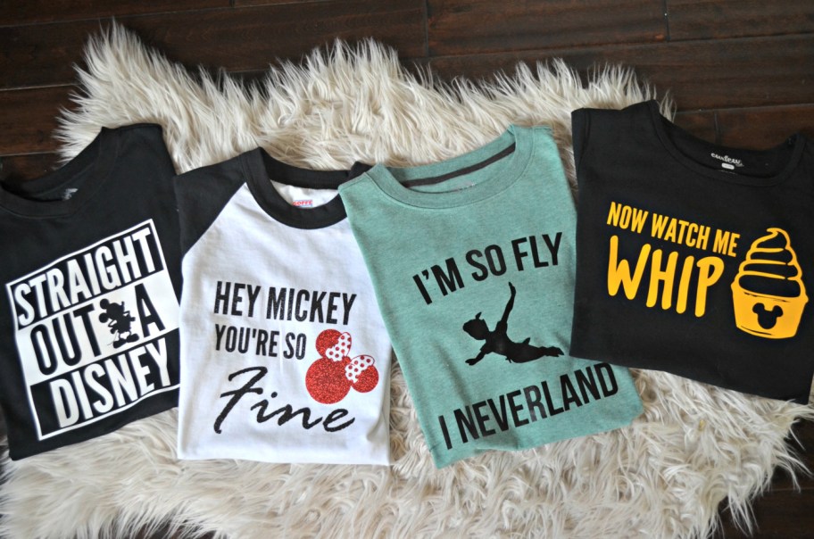 DIY Disney Shirts laid on fur rug