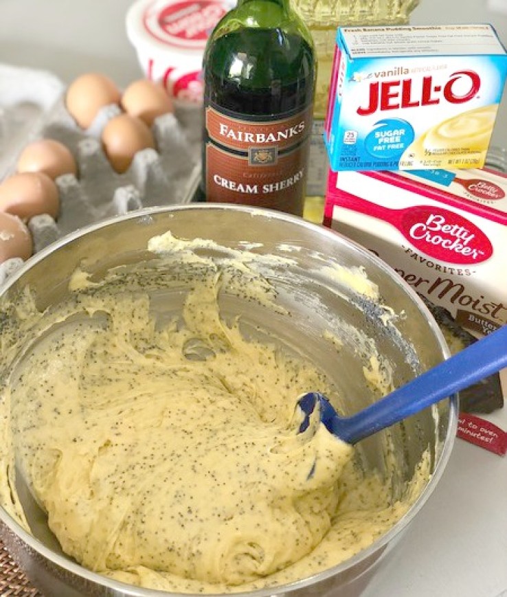 ingredients on counter for poppy seed sherry cake 