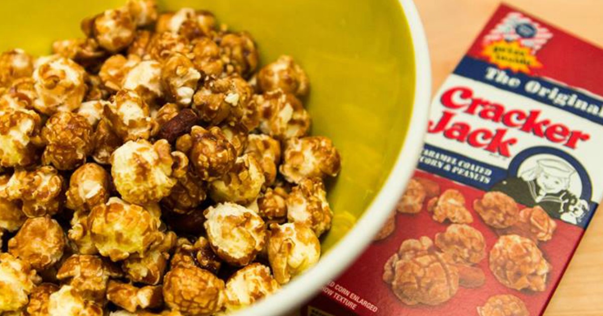 Cracker Jack Original Box next to bowl of caramel popcorn