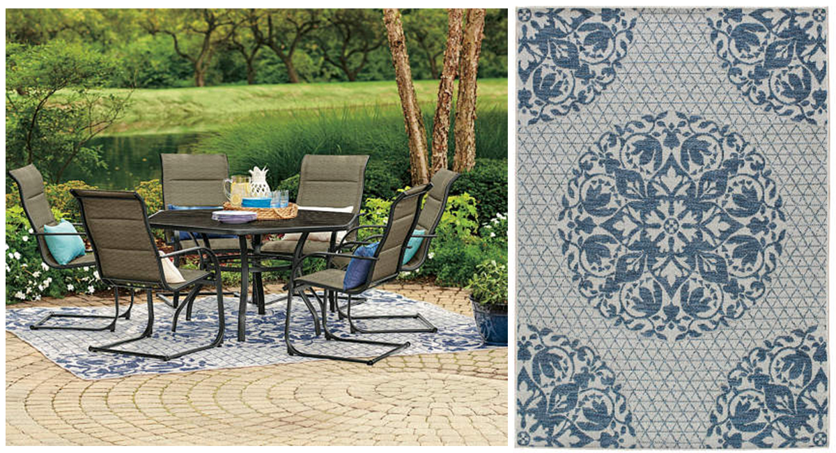 budget patio finds — blue medallion indoor outdoor rug