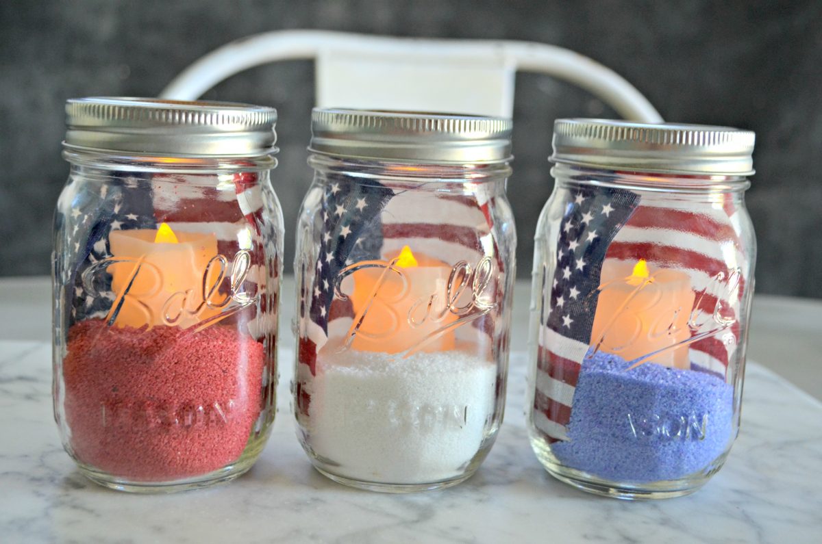 Dollar Tree 4th of July Craft Mason Jar Votives – finished jars