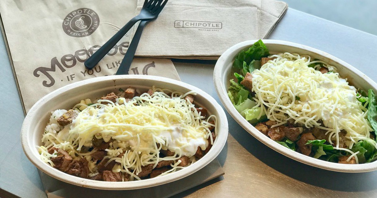 Chipotle Burrito Bowl and Salad on table