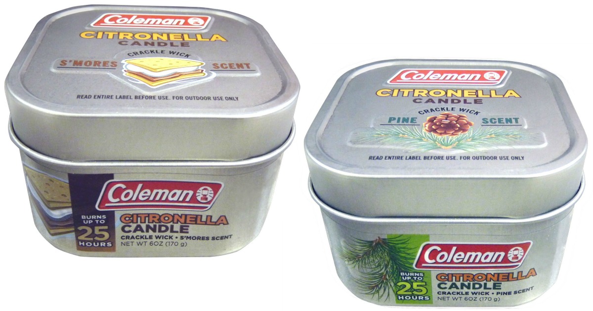 two coleman citronella candles in embossed tin containers