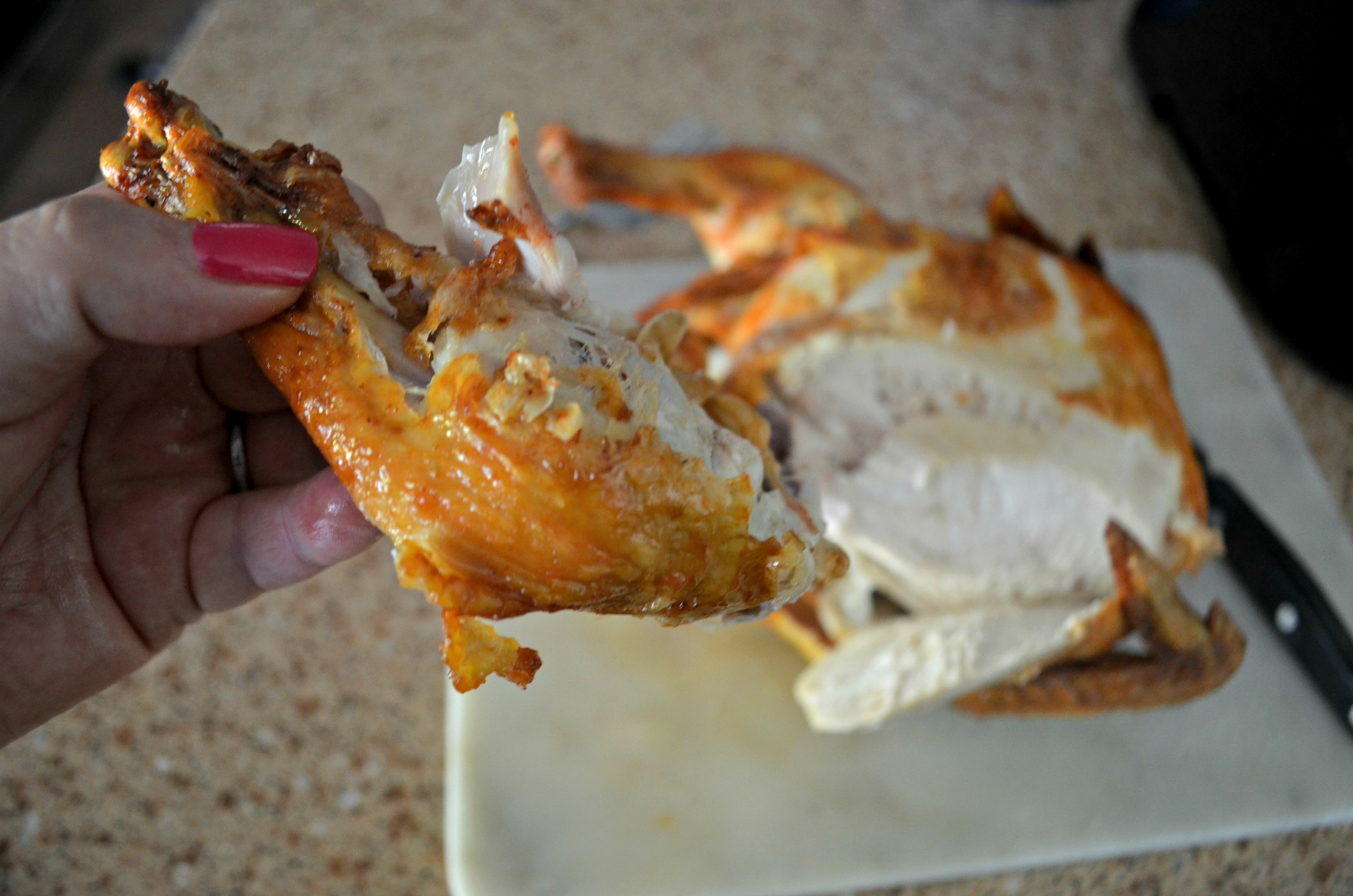 cook a whole chicken in the air fryer in about an hour - closeup of a chicken drumstick