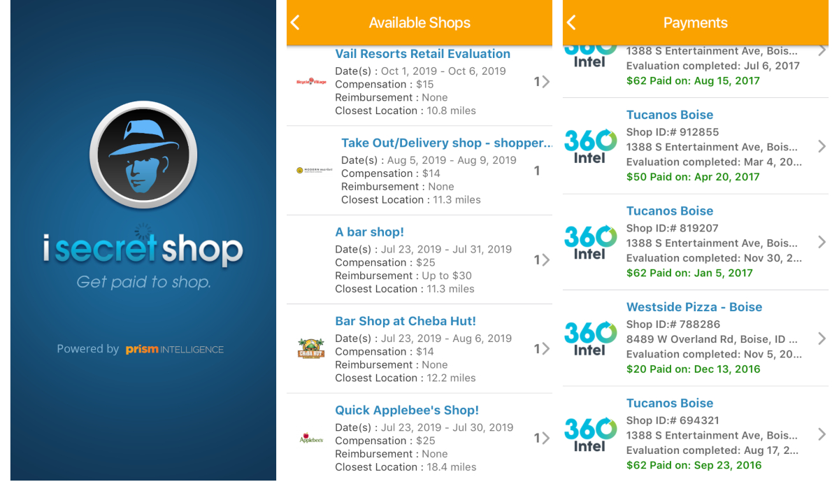 iSecretShop screenshots including the home screen, available shops, and payments