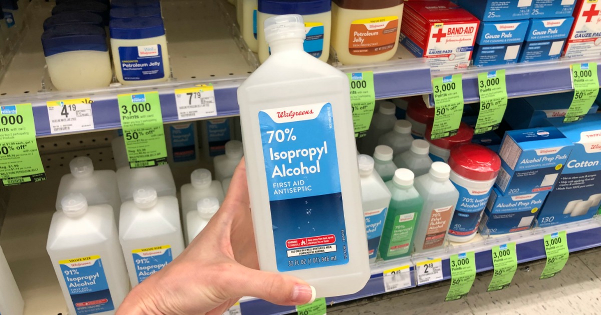 hand holding Walgreens isopropyl alcohol