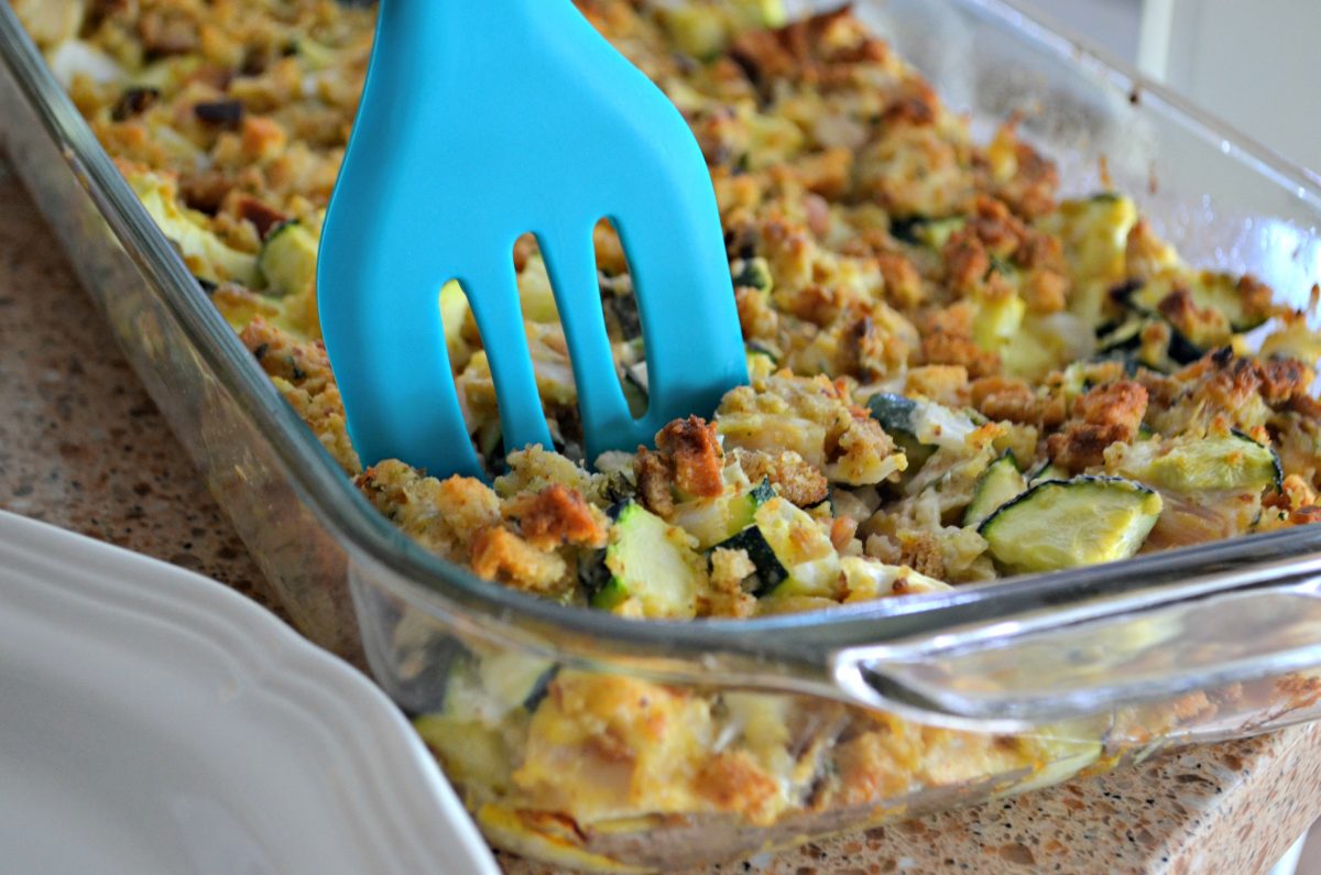 easy chicken zucchini casserole recipe -- casserole in a pan 