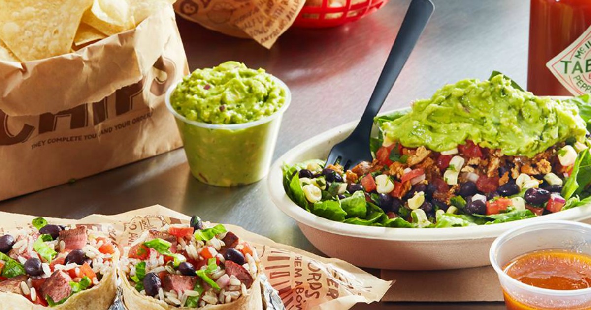 Chipotle Guacamole, burrito bowl, chips and burritos