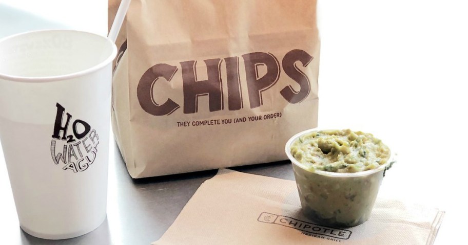 chipotle chips, guac, and drink