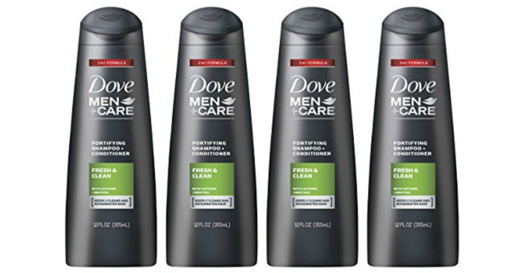 four dove men+care shampoo and conditioner bottles