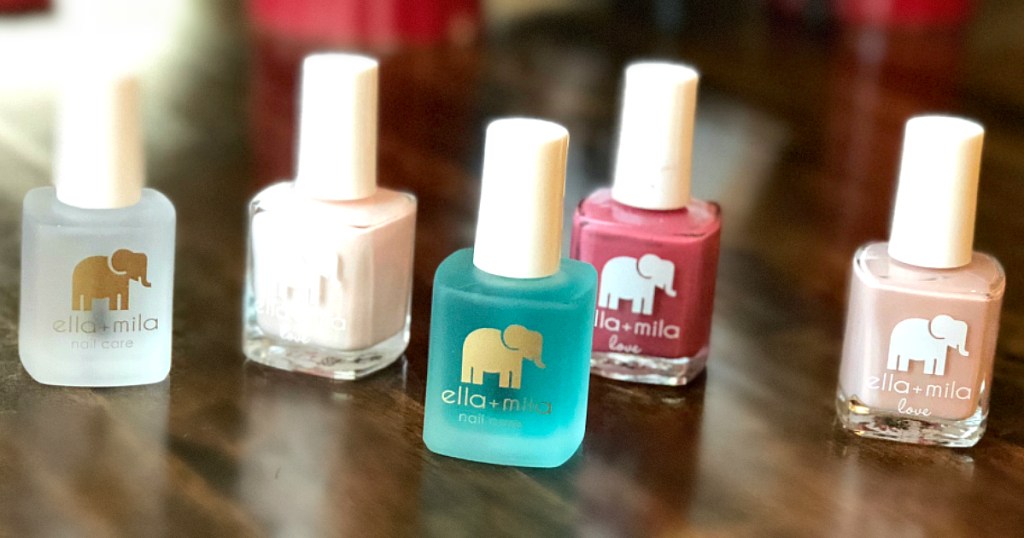 ella + mila nail polishes on counter 