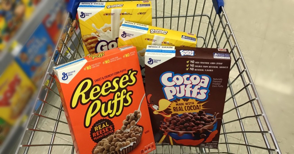 reese's puffs cocoa puffs and golden grahams in cart 