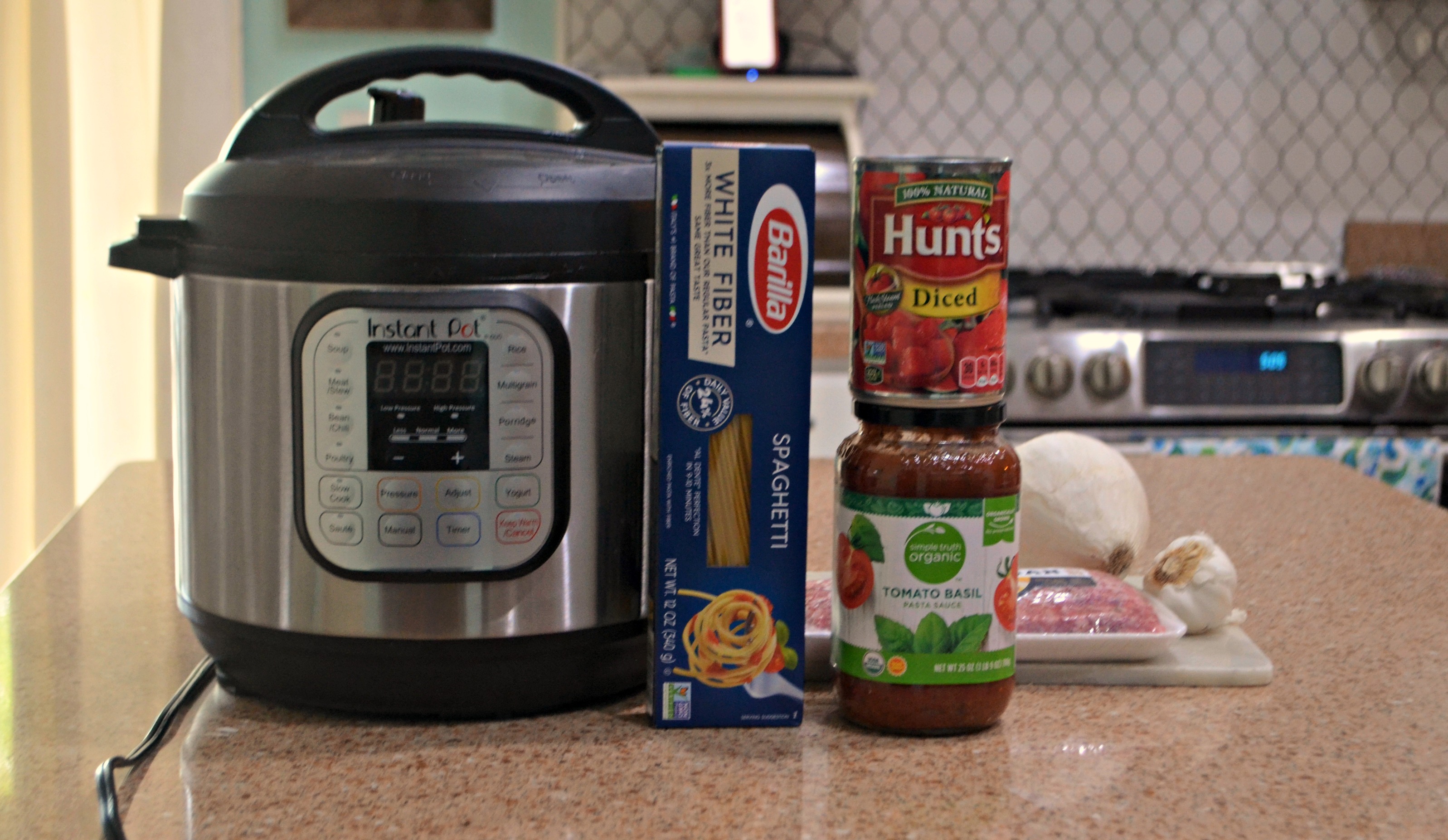 Instant Pot Spaghetti with Meat Sauce - Ingredients on the counter