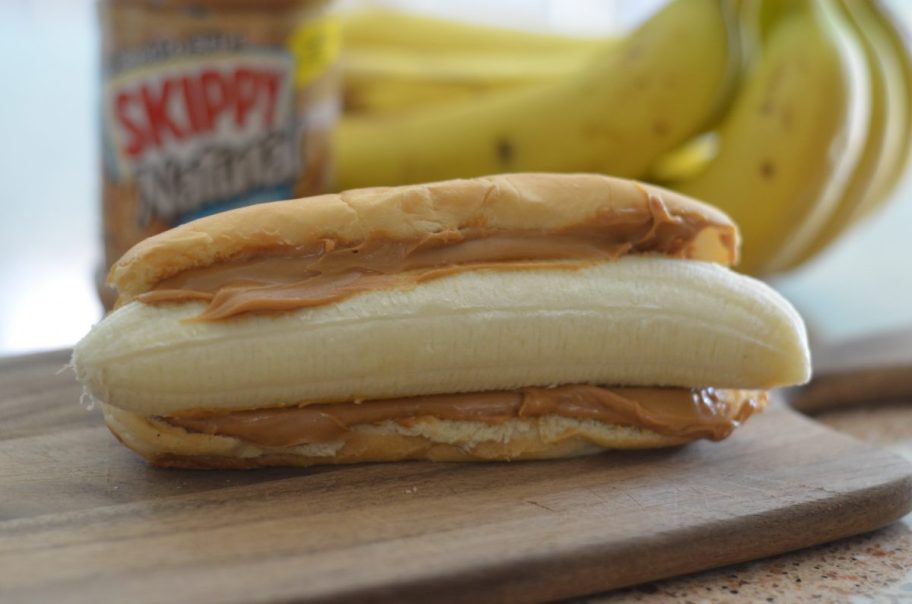 Peanut butter and banana in a hotdog bun for school lunch