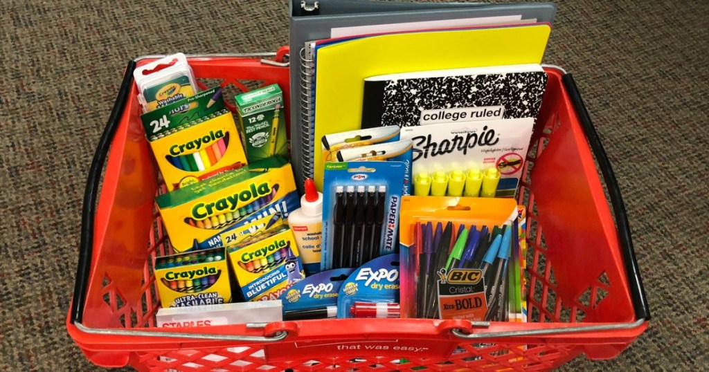 Staples school supplies in basket