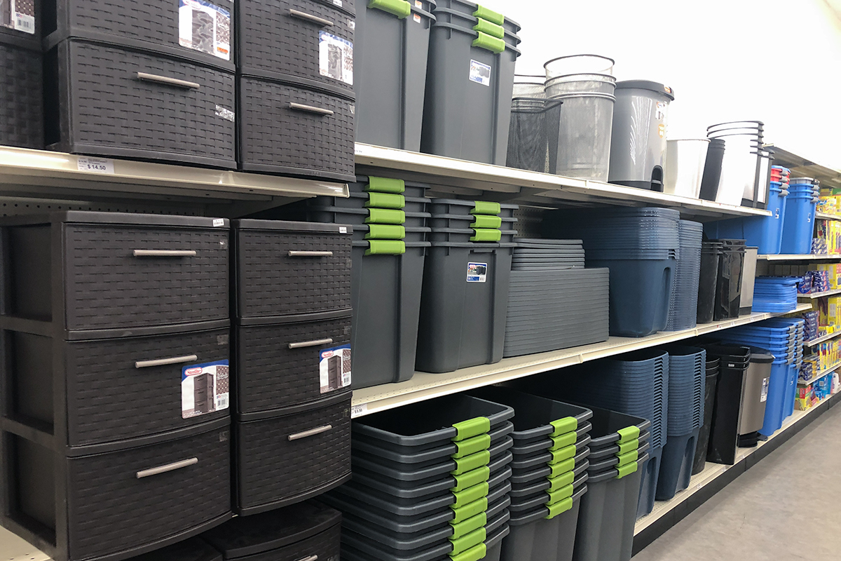 back-to-school college dorm shopping with big lots — large plastic storage and moving bins