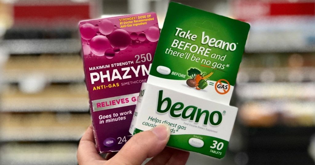 hand holding beano and phazyme proo