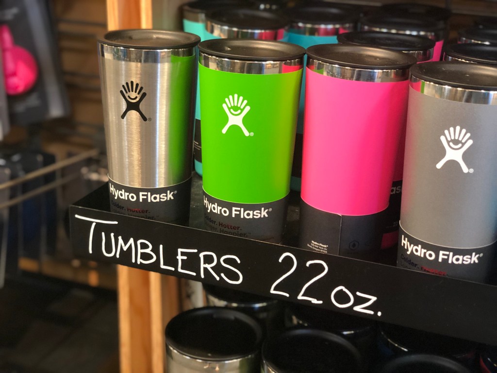 Hydro Flask 22 oz tumblers lined up on retail shelf