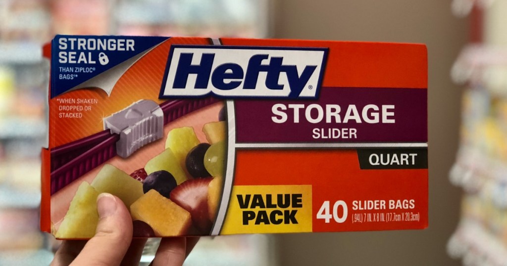 hand holding Hefty Quart Storage 40ct Slider Bags