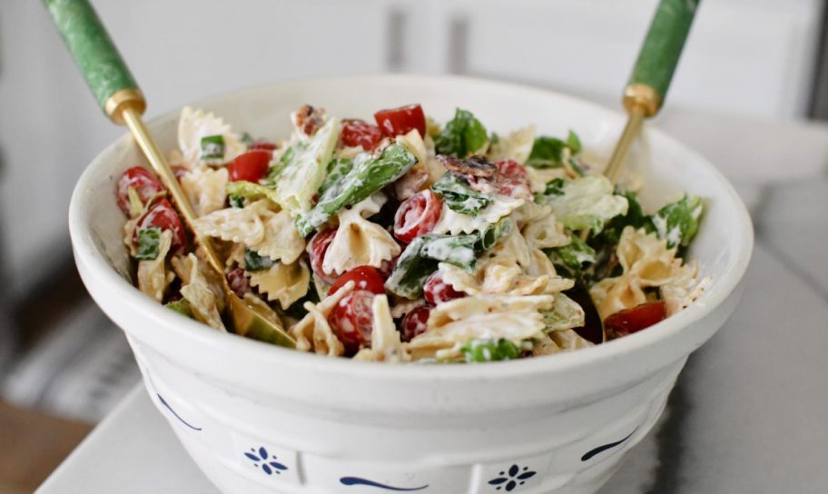 vintage bowl with BLT pasta salad