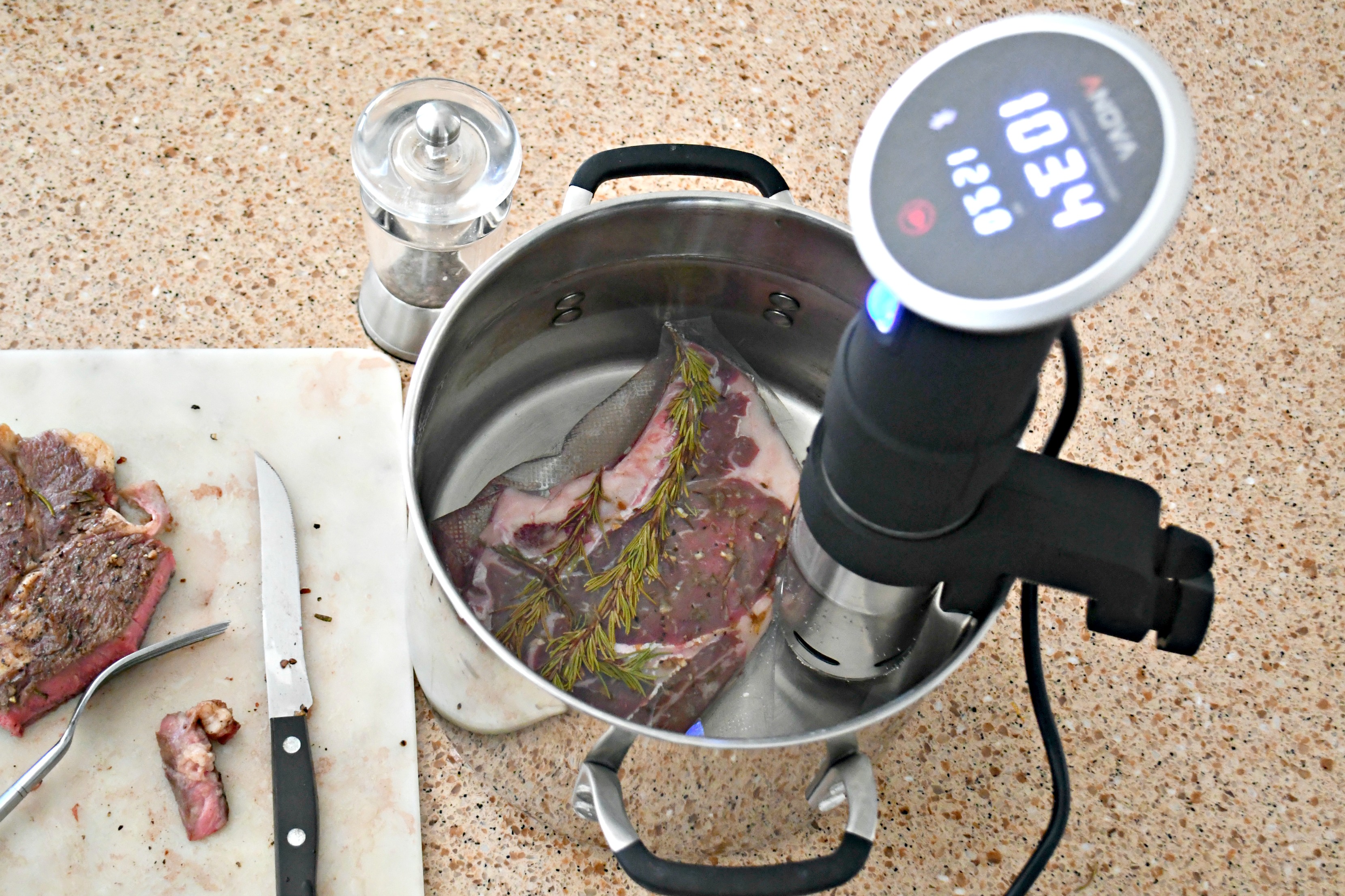 Make the Best Steak Using the Sous Vide method! Pictured here with the sealed bag in the water