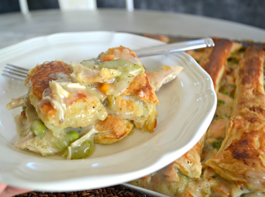 sheet pan chicken pot pie, one of the best easy recipes that uses rotisserie chicken