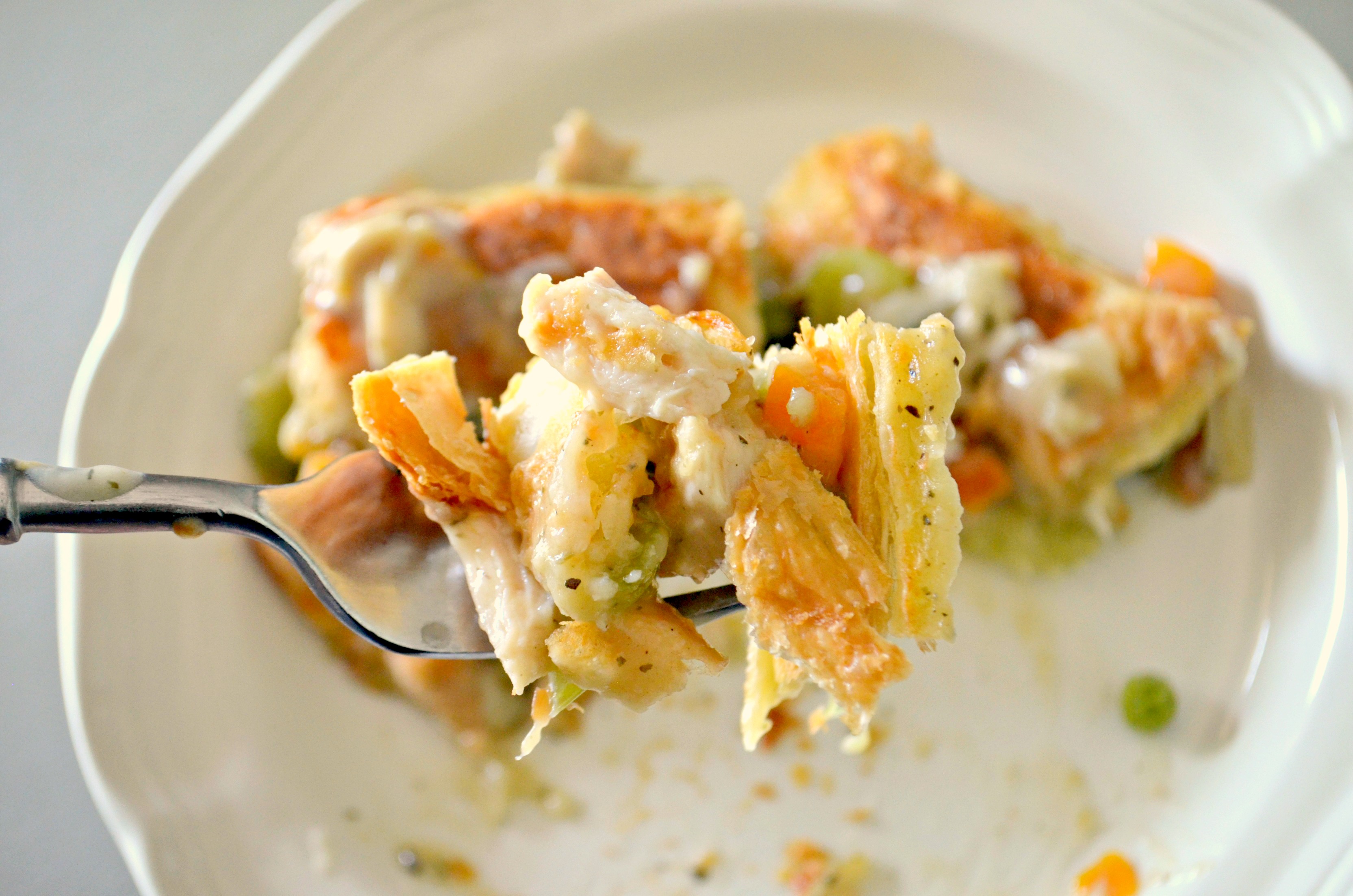 Sheet Pan Chicken Pot Pie - closeup of a bite on a fork