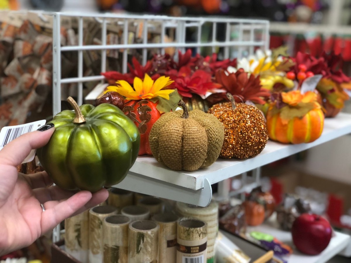 dollar tree fall centerpiece - cute pumpkins on display at Dollar Tree