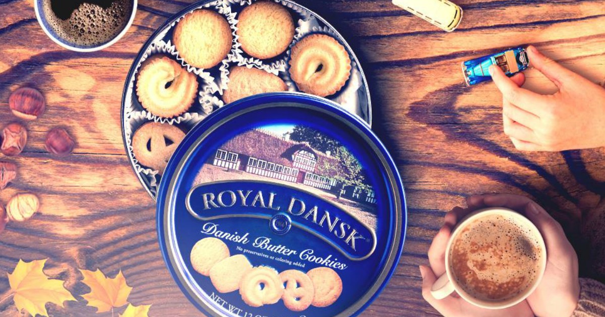 royal dansk cookie tin on table