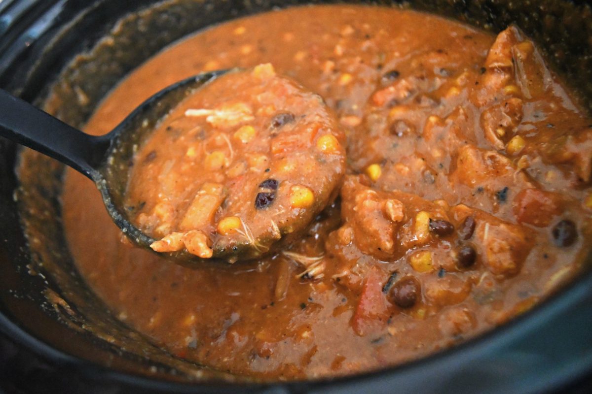 Slow Cooker Chicken Enchilada Soup – After cooking and scooped up in a ladle