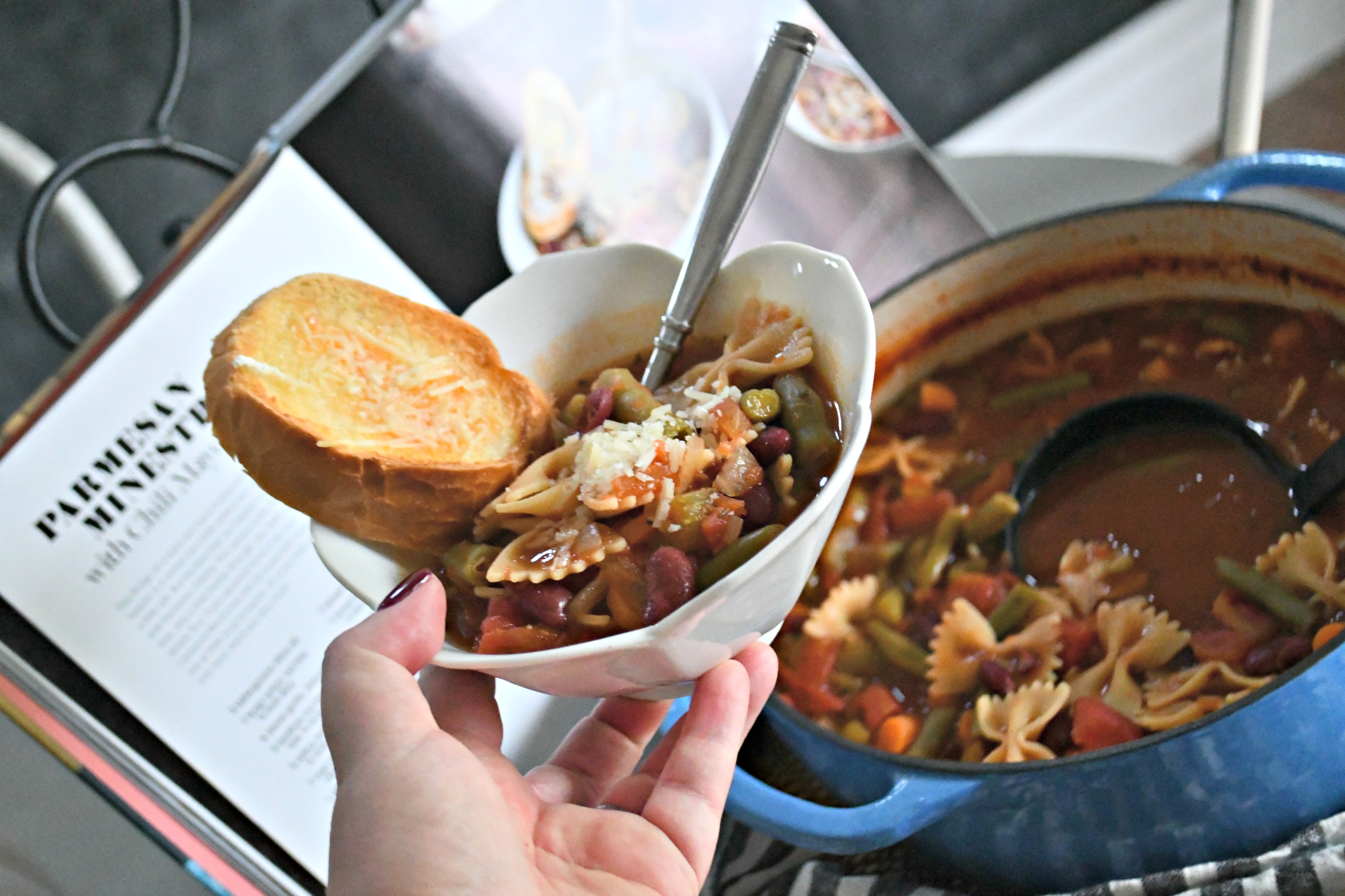 Cravings: Hungry for More Cookbook by Chrissy Teigen – minestrone served in a bowl with bread